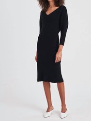 Cashmere Ribbed V Neck Dress In Black - Black