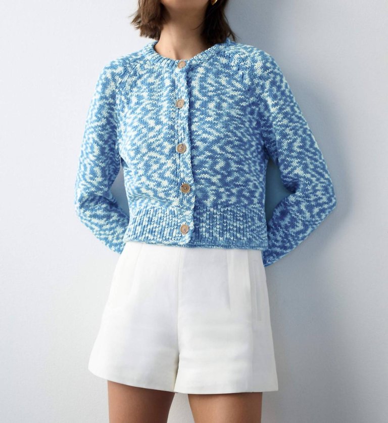 Printed Cotton Rope Crewneck Cardigan - Blue