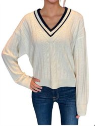 Varsity Wide Rib V-Neck Sweater - Soft White/Navy