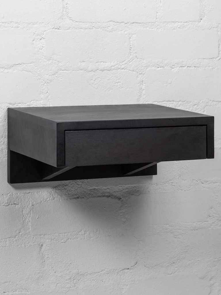 Black Floating Wall-Attached Cabinet Bedside Table With Drawer, Solid Beechwood, Compact Sleek Narrow Design for Small Spaces