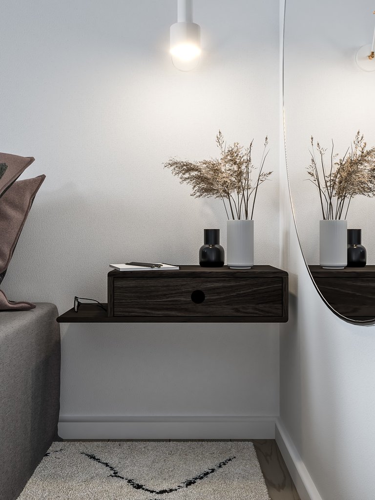 Premium Solid Beech Wood Handmade Black Floating Nightstand with Shelf on the Left - Black