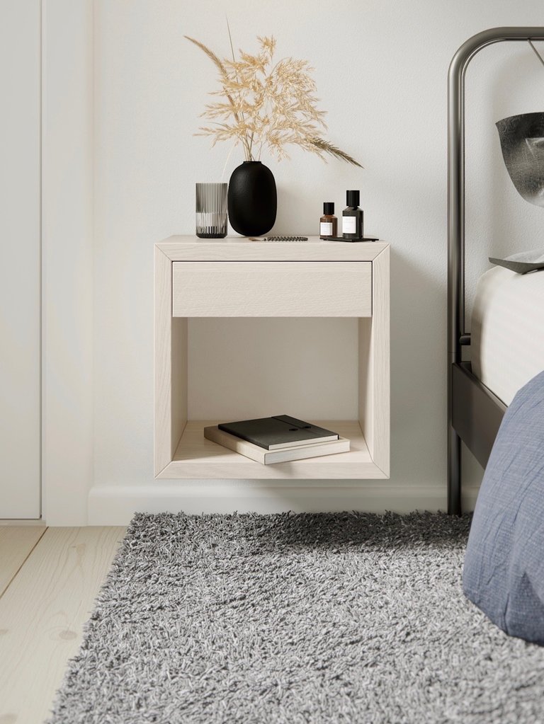 Premium Solid Wood Floating Nightstand with Drawer, Modern Small Floating Bedside Table - White