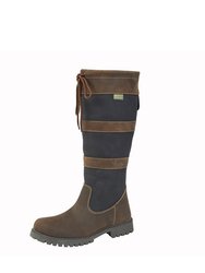 Womens/Ladies Waxy Leather Long Calf Boots - Brown/Navy