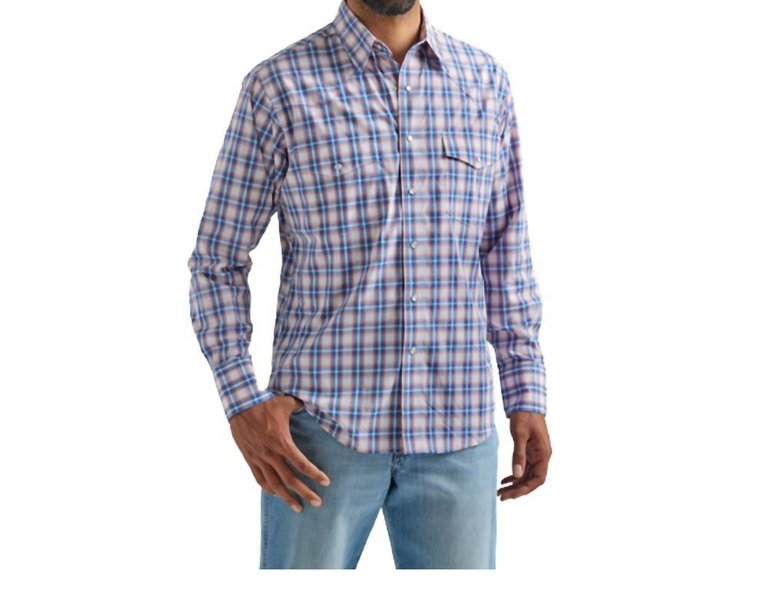 Wrinkle Resist Long Sleeve Western Snap Shirt In Blue, Orange & White Plaid - Blue, Orange & White Plaid