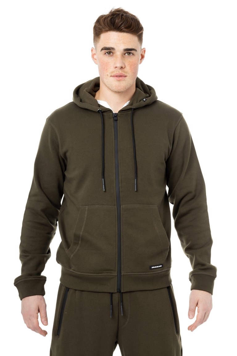 Active Sport Casual Fleece Hoodie With Zipper - Army Green