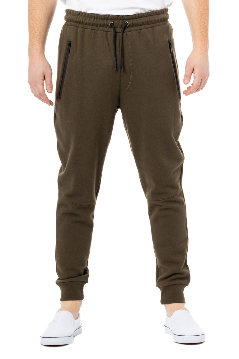 Active Sport Casual Jogger Fleece Pants With Zipper Pockets - Army Green