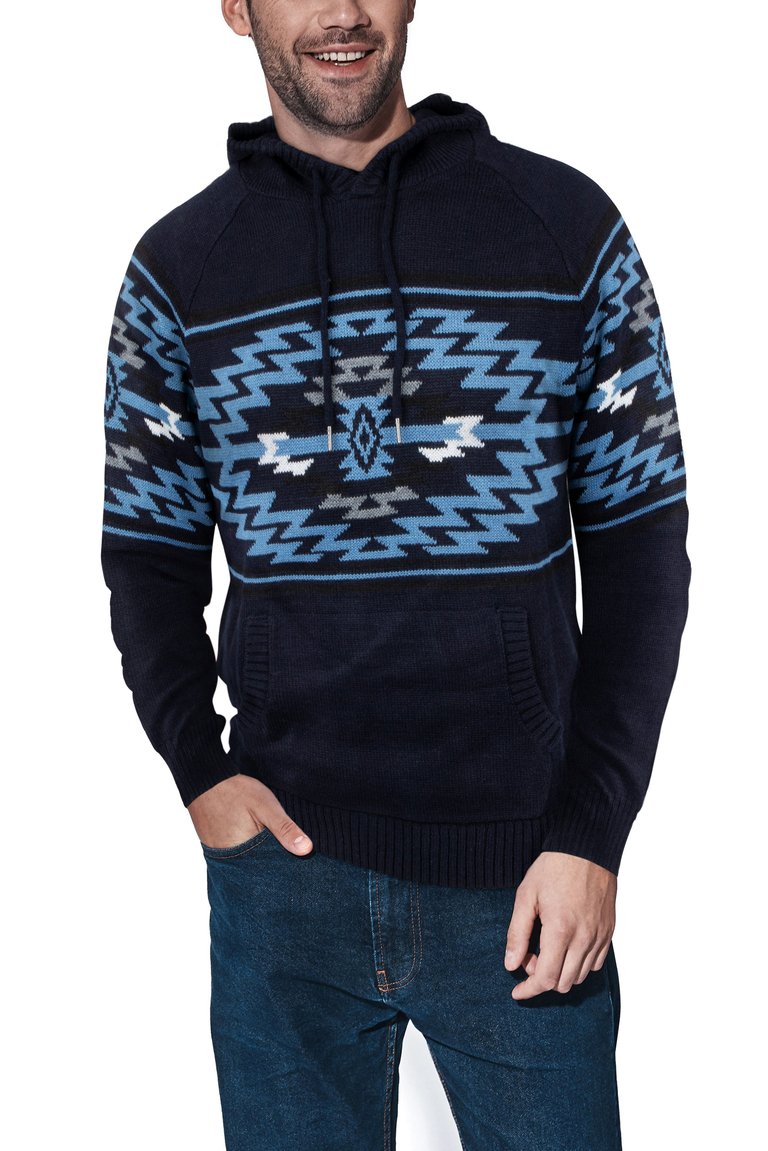 Aztek Print Pullover Hoodie Sweater - Dark Navy