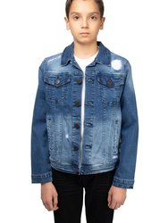 Boys Distressed Ripped and Stitched Denim Jackets - Med Blue