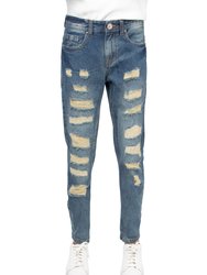 Boy's Slim Fit Heavy Rips Denim Pants - Blue