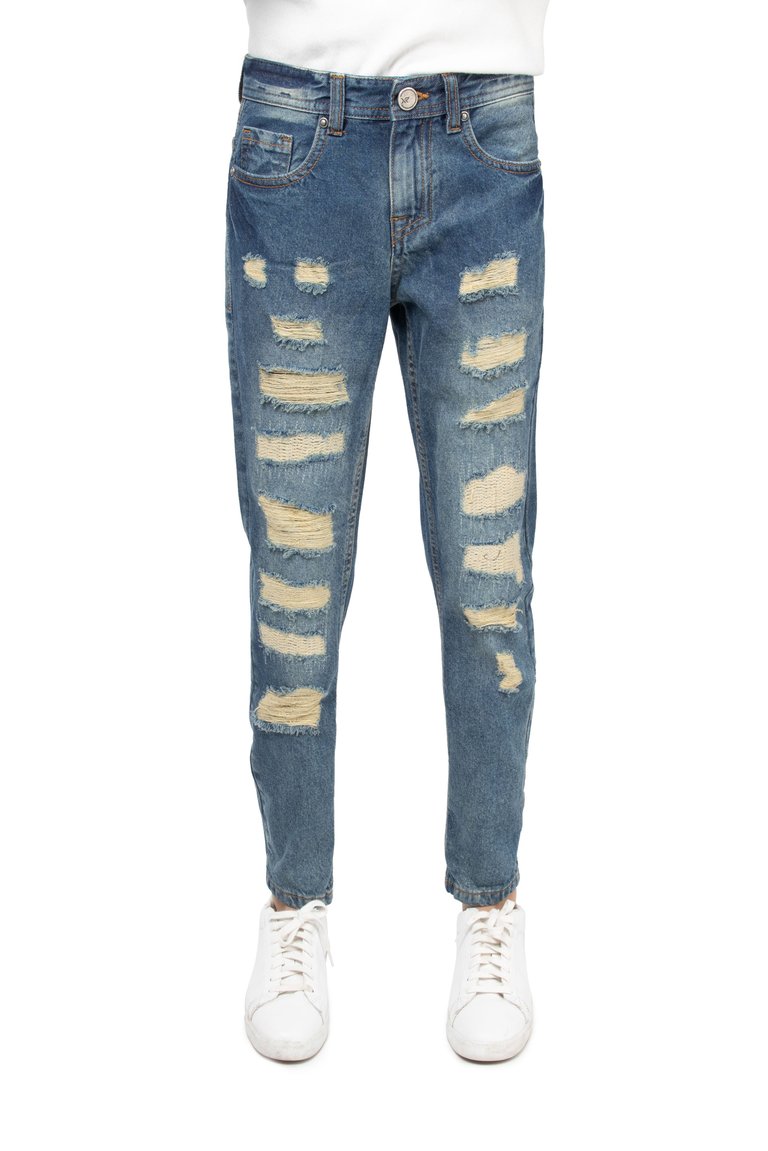 Boy's Slim Fit Heavy Rips Denim Pants - Blue