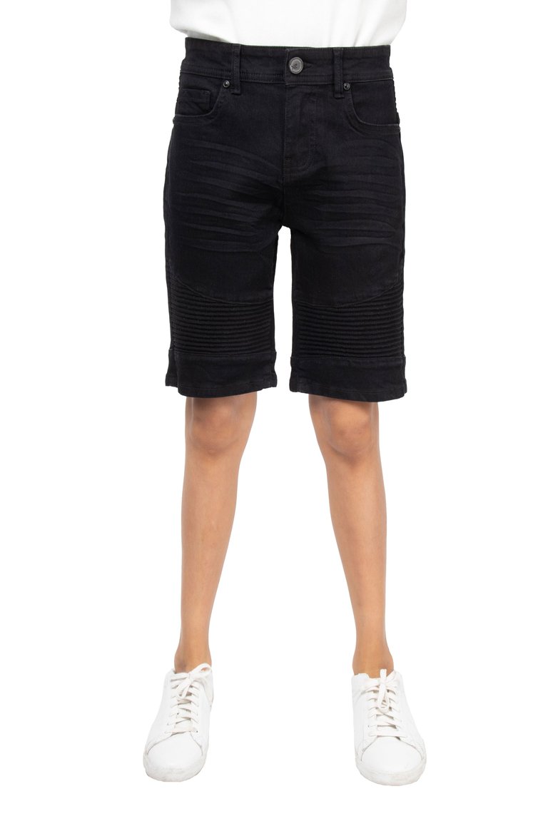 Boys Slim Fit Washed Biker Denim Shorts - Jet Black