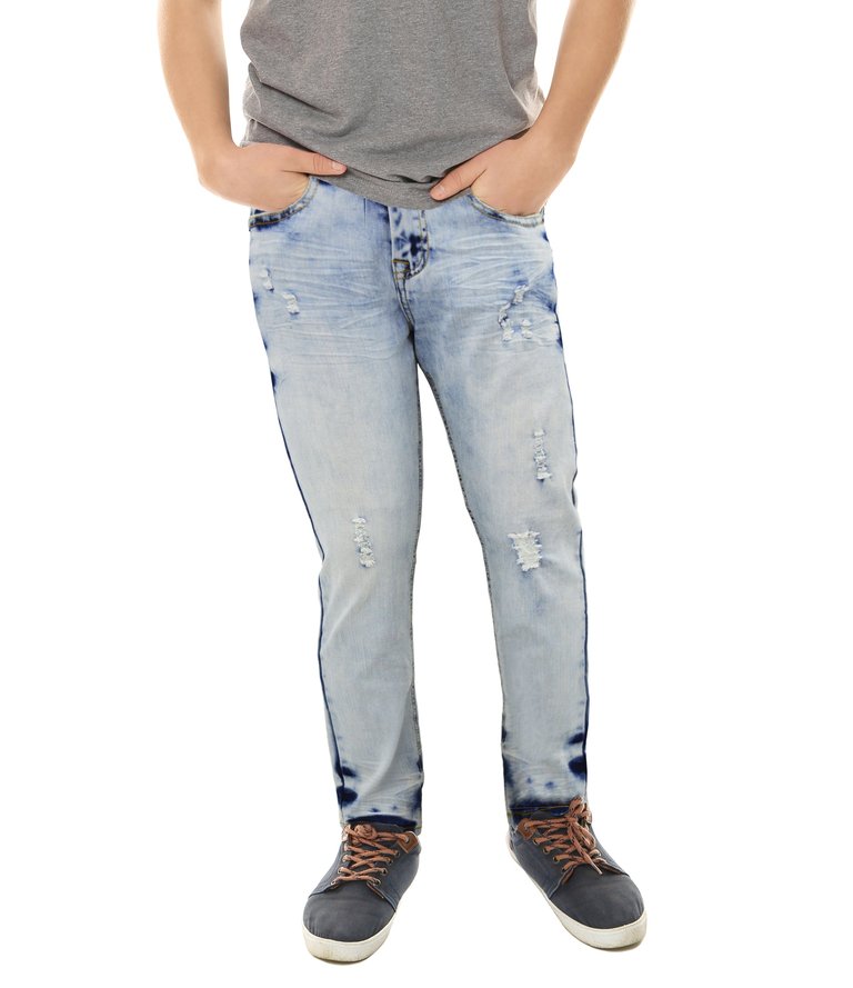 Boy's Slim Look Ripped Denim Jeans - Light Wash Denim