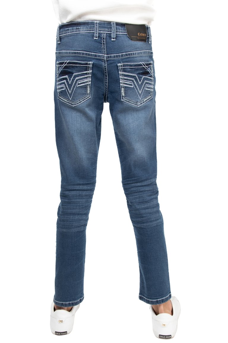 Boy's Slim Look Washed Denim Jeans with Saddle V Stitch
