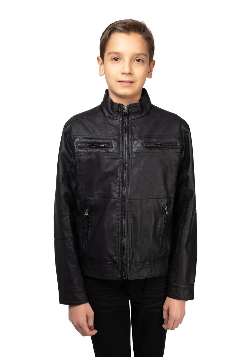 Boy's Stand Up Collar Motorcycle PU Leather Jacket with Sherpa Lining - Black