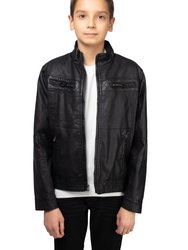 Boy's Stand Up Collar Motorcycle PU Leather Jacket with Sherpa Lining