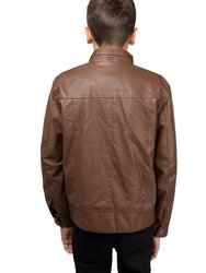 Boy's Stand Up Collar Motorcycle PU Leather Jacket with Sherpa Lining