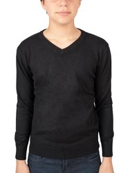 Boys V-Neck Sweater, Soft Slim Fit Middleweight Pullover Sweaters For Kids - Black