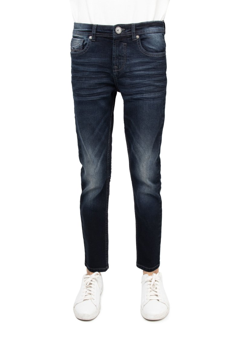 Boys's Slim Look Stretch Denim Jeans With Saddle V Stitch - Dark Blue