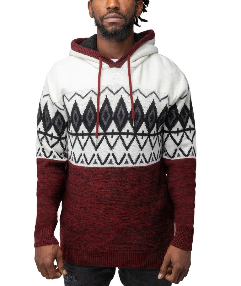 Color Block Pattern Hooded Sweater - Jester Red