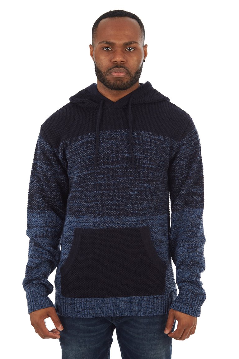Colorblock Knitted Pullover Hooded Sweater - Blue