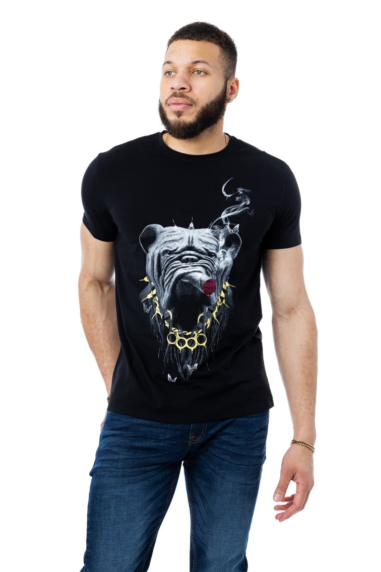 Heads Or Tails Men's Bulldog Smoking Rhinestone Graphic T-Shirt - Black