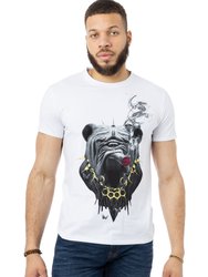 Heads Or Tails Men's Bulldog Smoking Rhinestone Graphic T-Shirt - White