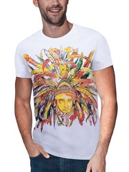 Heads Or Tails Men's Colorful Feathers Golden Mask Rhinestone Graphic T-Shirt - White