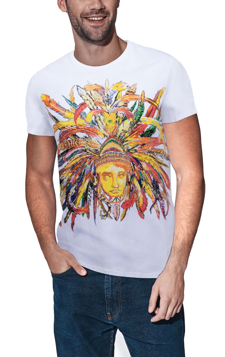 Heads Or Tails Men's Colorful Feathers Golden Mask Rhinestone Graphic T-Shirt - White