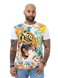 Heads Or Tails Men's Floral Tiger Rhinestone Graphic T-Shirt - White
