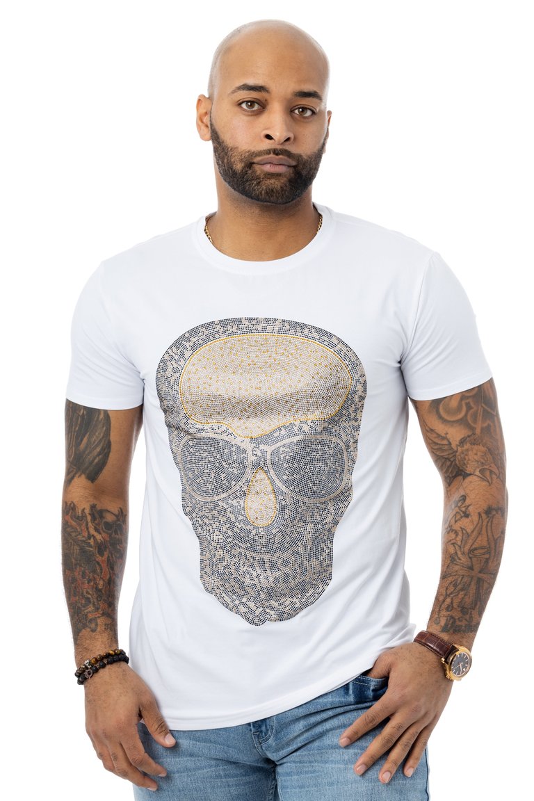 Heads Or Tails Men's Skull With Sunglasses Rhinestone Graphic T-Shirt - White