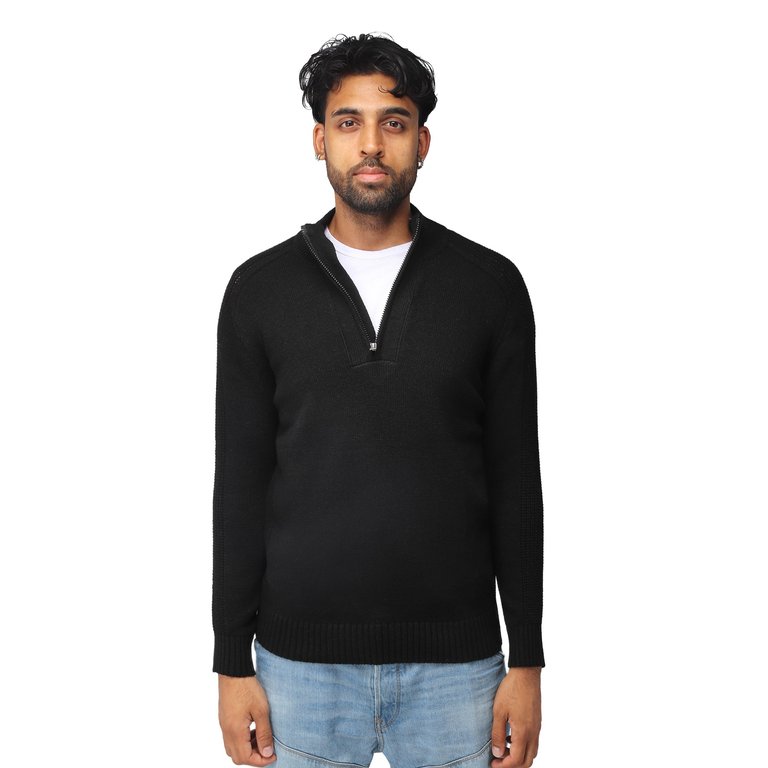 Men's Quarter Zip Mock Neck Pullover Sweater - Black