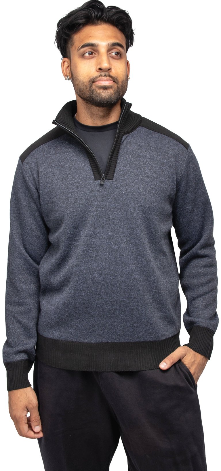 Men's Quarter Zip Pullover Top With Contrast Shoulder Piecing