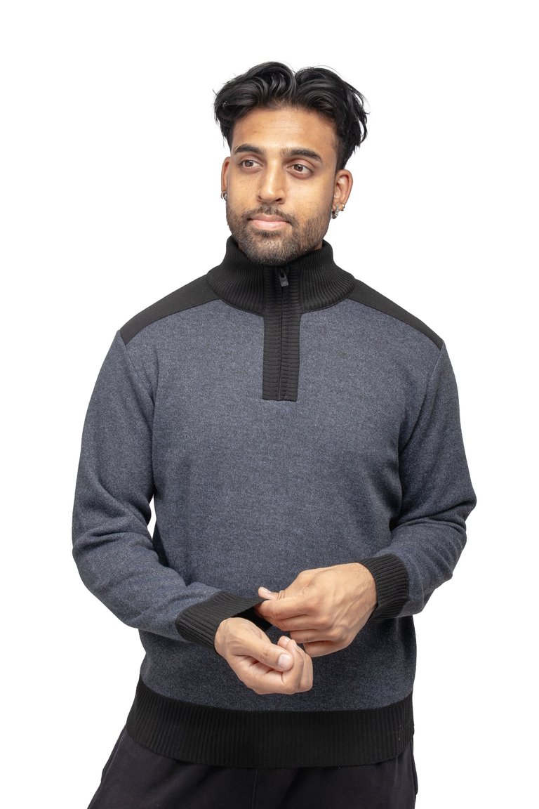 Men's Quarter Zip Pullover Top With Contrast Shoulder Piecing - Black