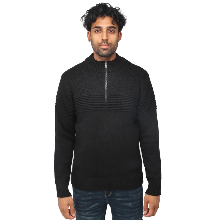 Mock Neck Texture Block Quarter Zip Knitted Sweater - Black