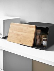 Bread Box With Cutting Board Lid - Steel + Wood - Black