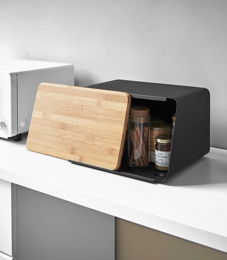 Bread Box With Cutting Board Lid - Steel + Wood - Black