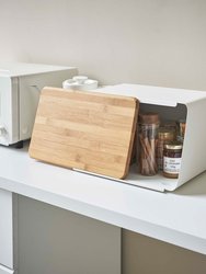 Bread Box With Cutting Board Lid - Steel + Wood - White