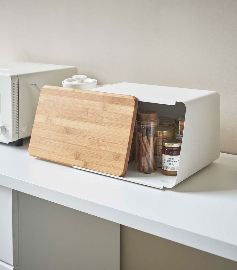 Bread Box With Cutting Board Lid - Steel + Wood