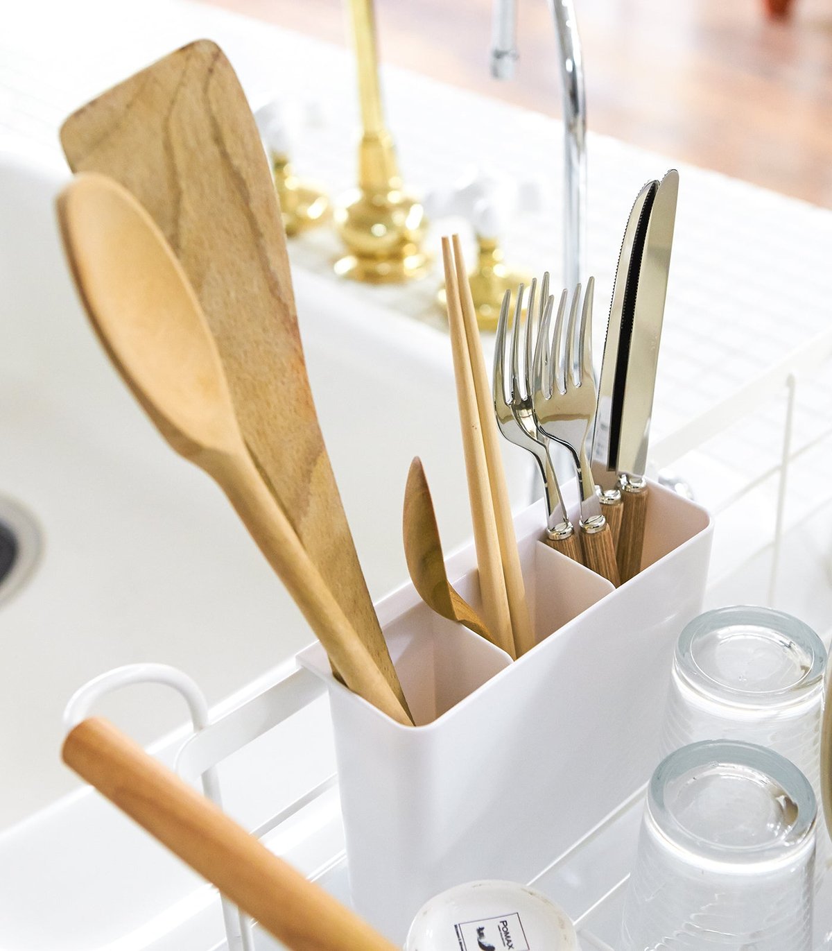 Yamazaki Home Over the Sink Wood-Handled Dish Rack, Steel & Wood