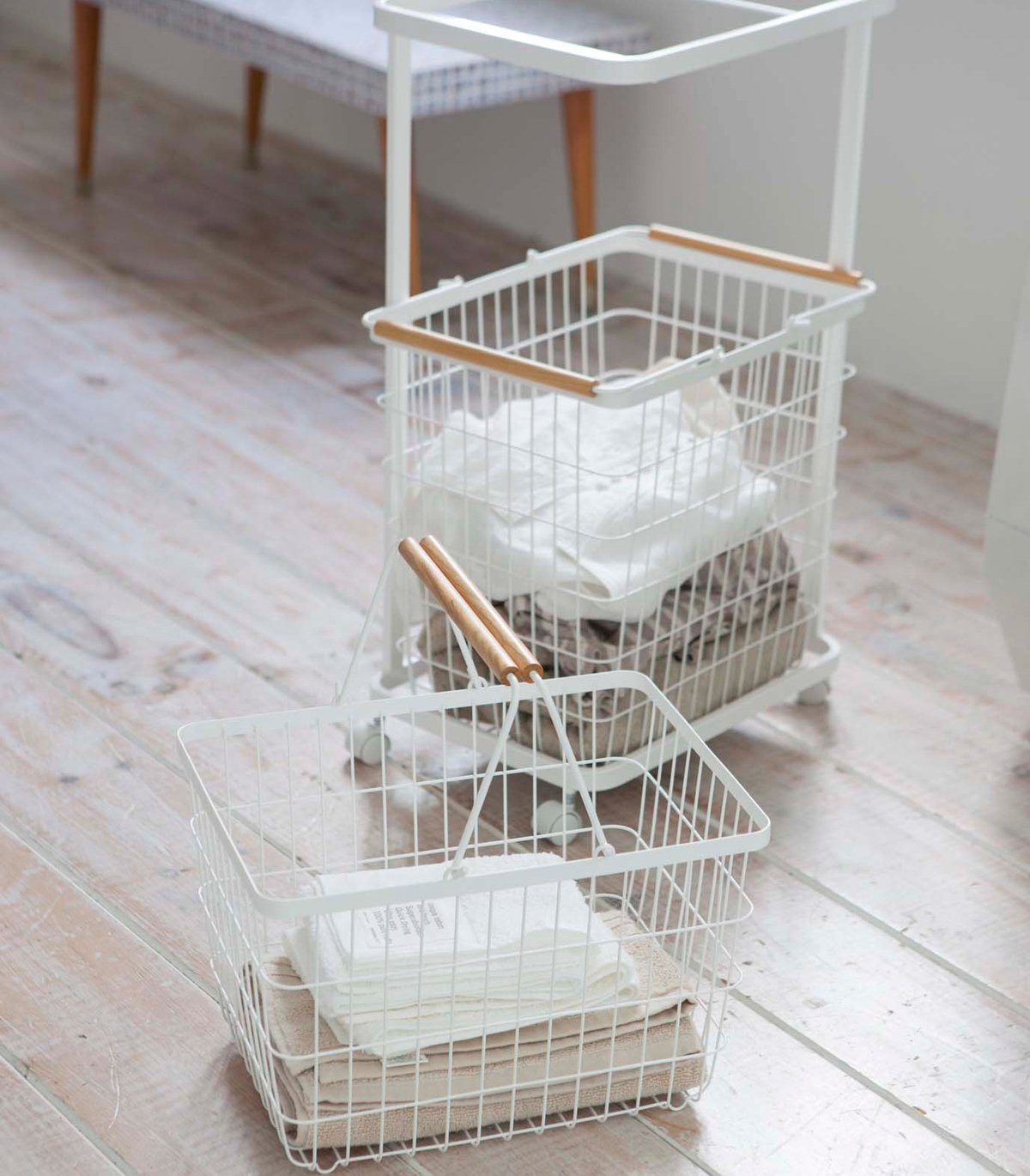 Yamazaki Home Rolling Laundry Cart Plus Wire Baskets - Steel And Wood