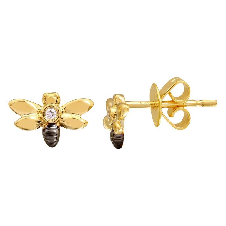 Multi Color Bee Diamond Earrings - Yellow Gold