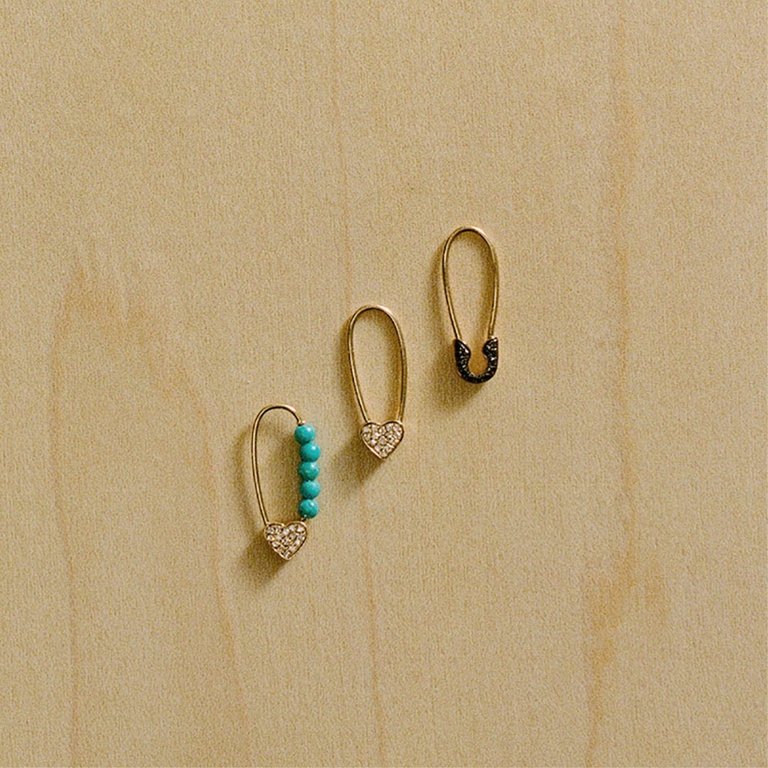 Safety Pin Earrings - White Diamond & Turquoise Beads
