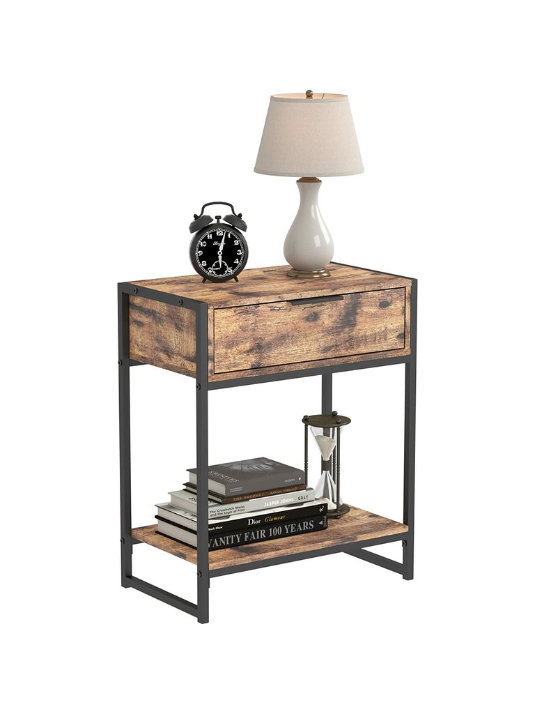 Industrial 2-Tier Nightstand With Drawer And Side Table For Small Spaces, Living Rooms, And Bedrooms. - Brown