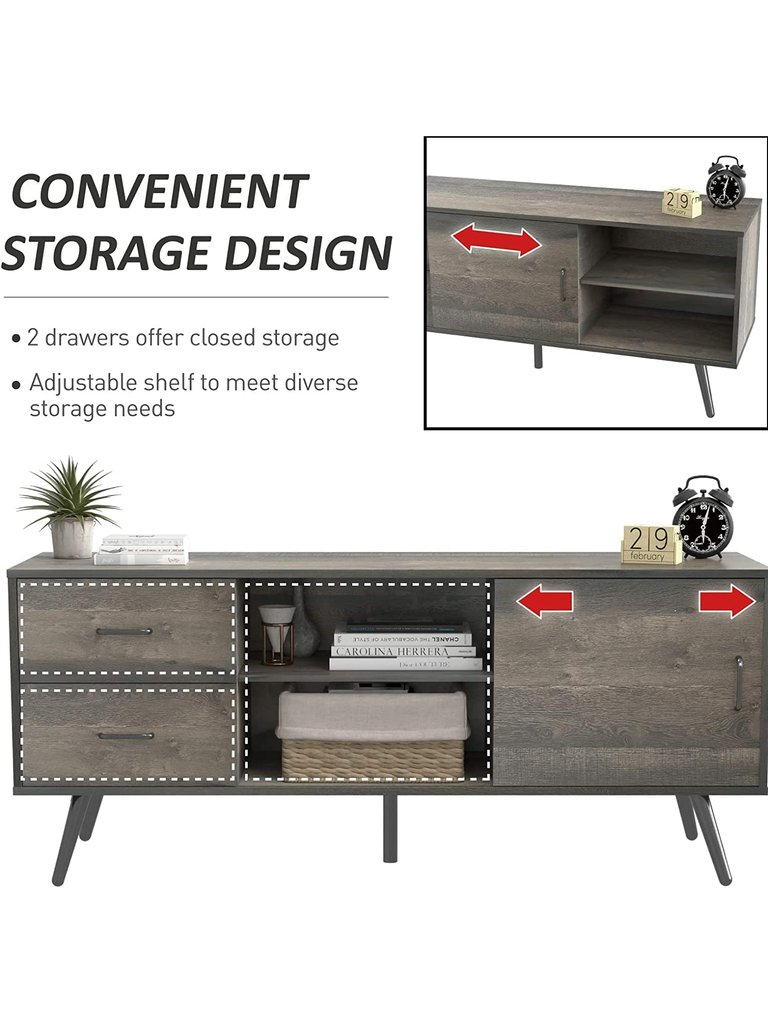 Mid-Century Industrial Modern TV Stand With Sliding Doors And Two Drawers for 55/60 Inch TV
