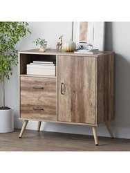 Rustic Storage Cabinet With 2 Drawers, Door, Shelf Accent, And Metal Base For Bedroom, Living Room, Entryway, And Home Office