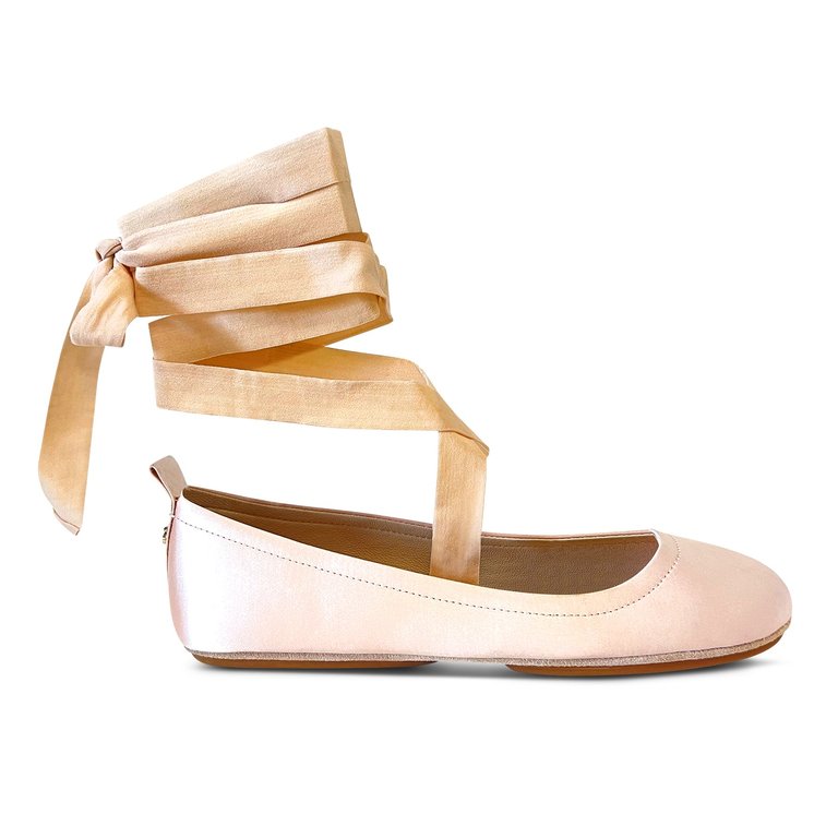 Simone Ankle Wrap Flats In Champagne Satin - Champagne