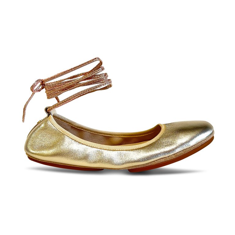 Sofia Ankle Wrap Flats In Gold Leather - Gold Metallic