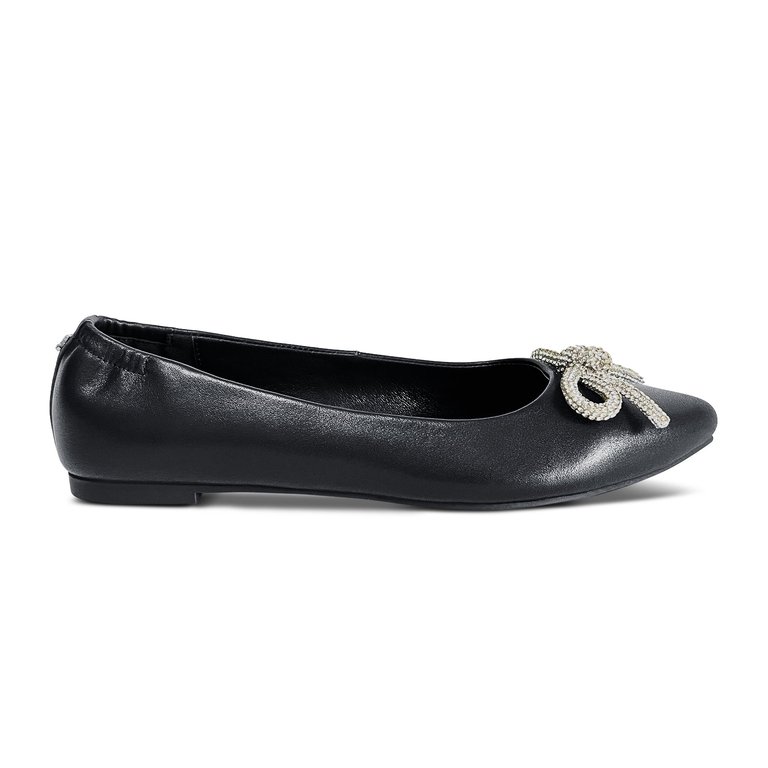 Vivienne Crystal Bow Flats In Black Nappa Leather - Black Nappa