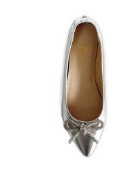 Vivienne Crystal Bow Flats In Silver Leather