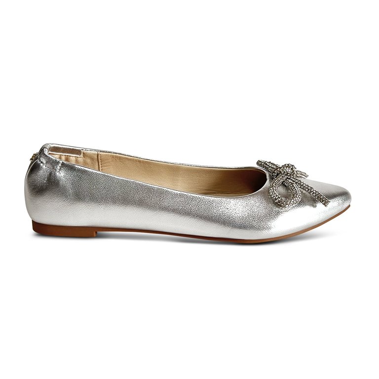 Vivienne Crystal Bow Flats In Silver Leather - Silver Metallic